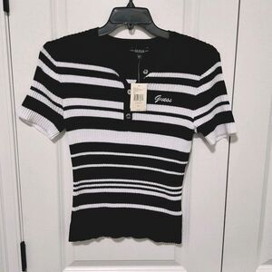 NWT Guess Women's Eco Kyla Ribbed Henley Striped Knit Top Size XL Black & White
